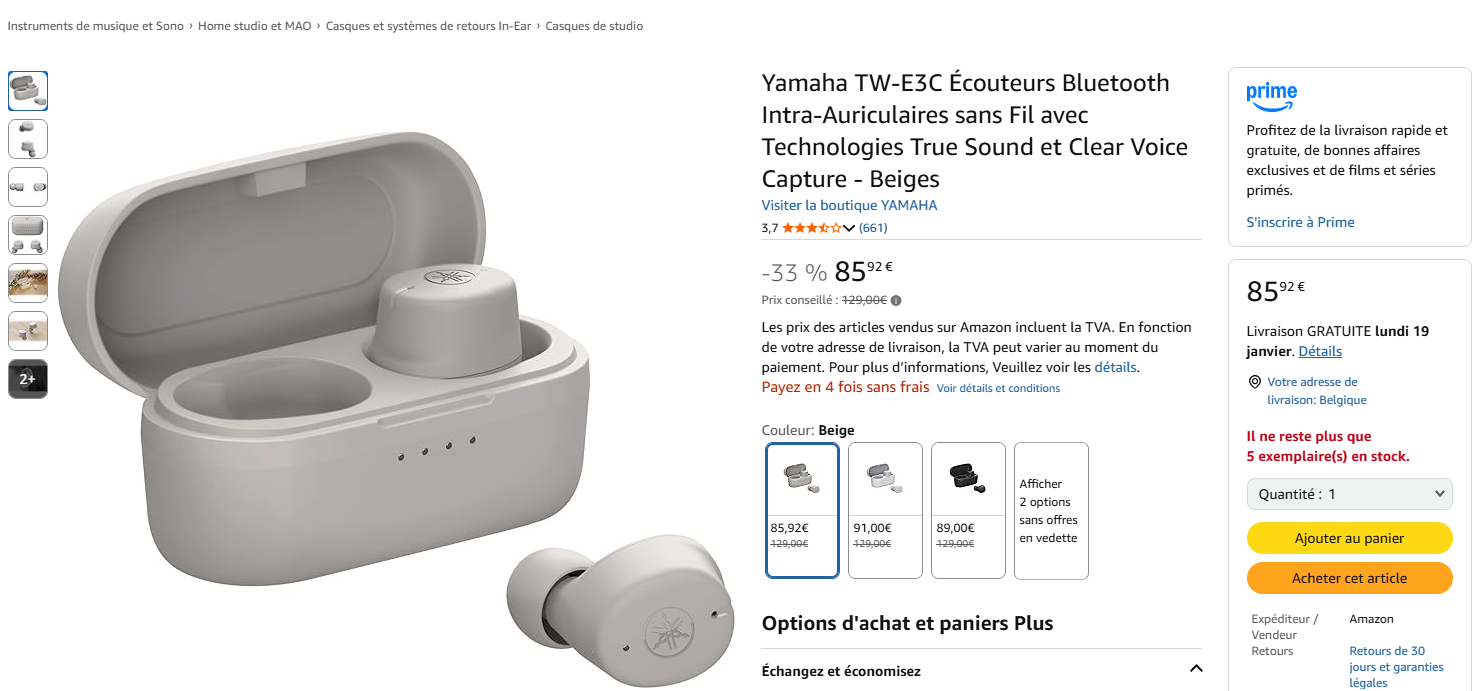 Fausse promotion écouteurs Bluetooth Yamaha sur Amazon.fr