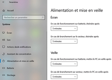 paramètres Windows de mise en veille