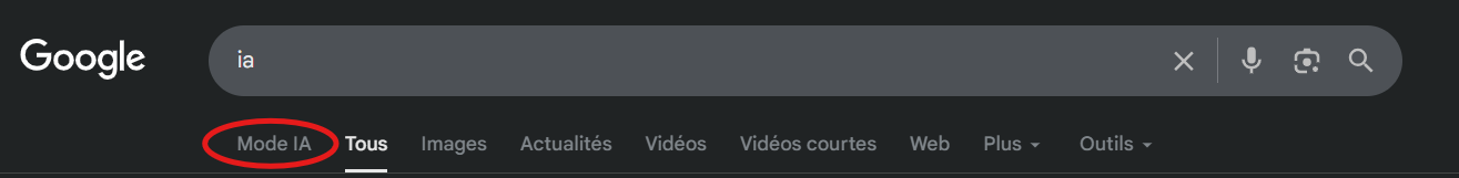 Lancer une recherche classique et cliquer sur l’onglet “Mode AI” qui apparaît en haut de page, à côté des onglets “Tous”, “Images” et “Actualités”